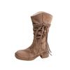 Women's Retro Chunky Heel Tassel Boots - Suede Mid-Calf Ruched Cowboy Style for Autumn/Winter