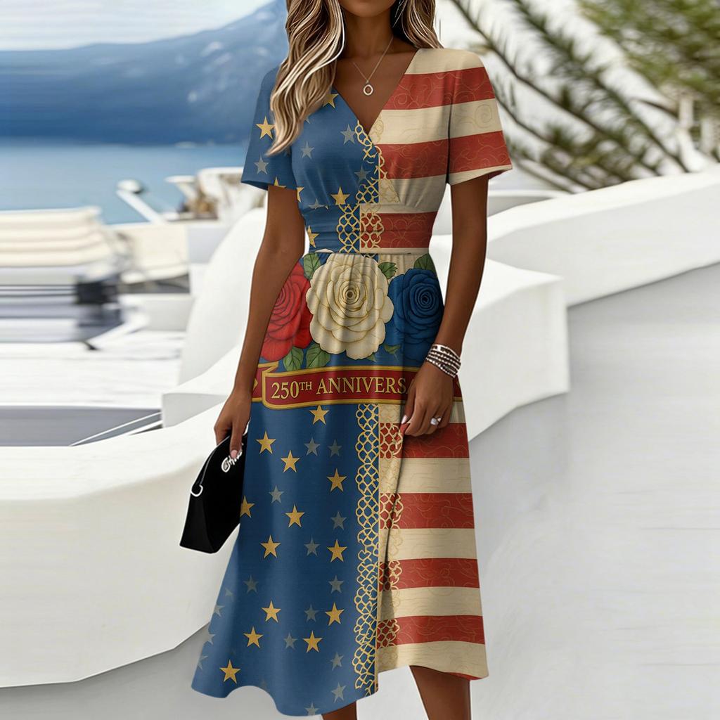 Women's Independence Day Print Casual Fashion Short Sleeve V-Neck Dress