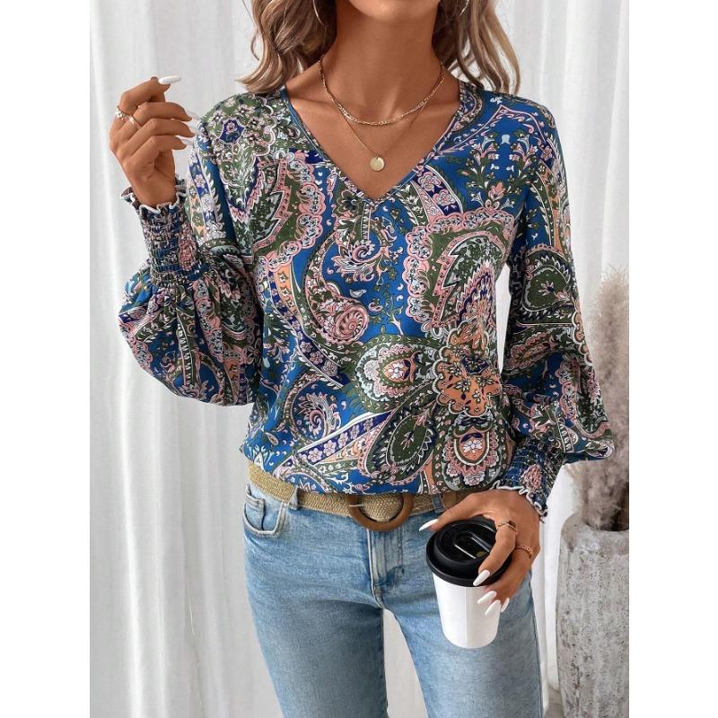 

Женская элегантная рубашка с V-образным вырезом и принтом в виде фонарика на рукавах XXL