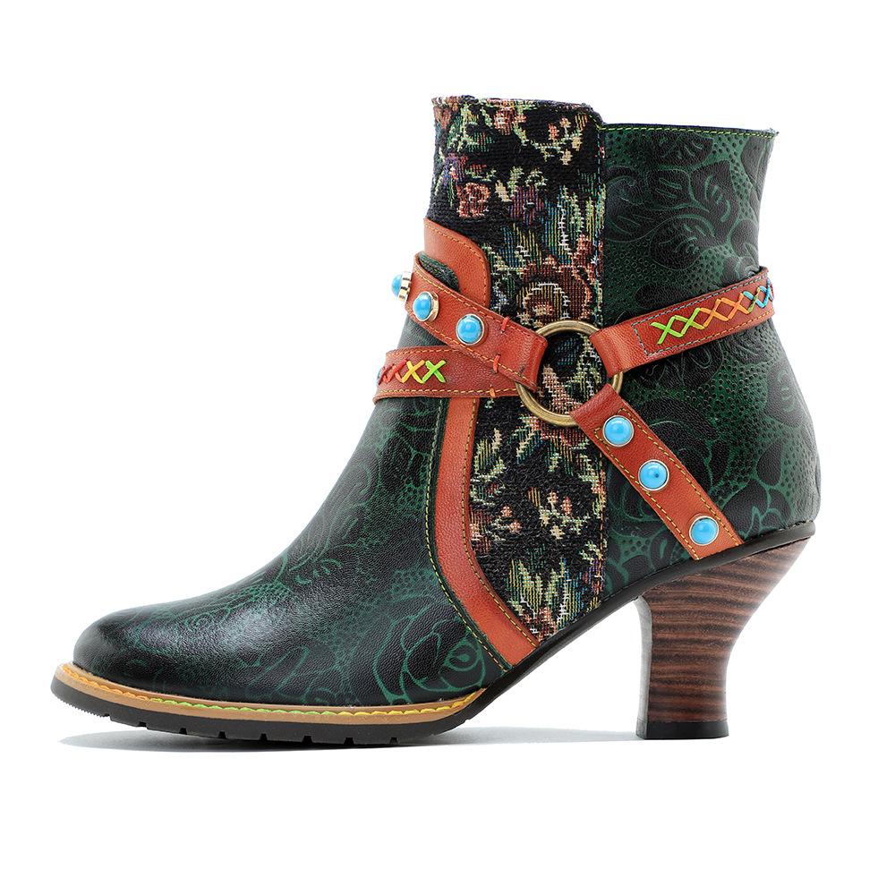 Johnature Genuine Leather Boots Fashion Women High-heeled Shoes Retro Rivet Patchwork Short Boots
