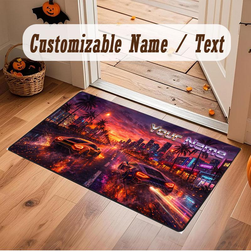 Stadt Cyberpunk Thema Kristall Samt Boden Teppich Personalisiert Benutzerdefinierter Name Text Warmer Teppich Heimdekoration