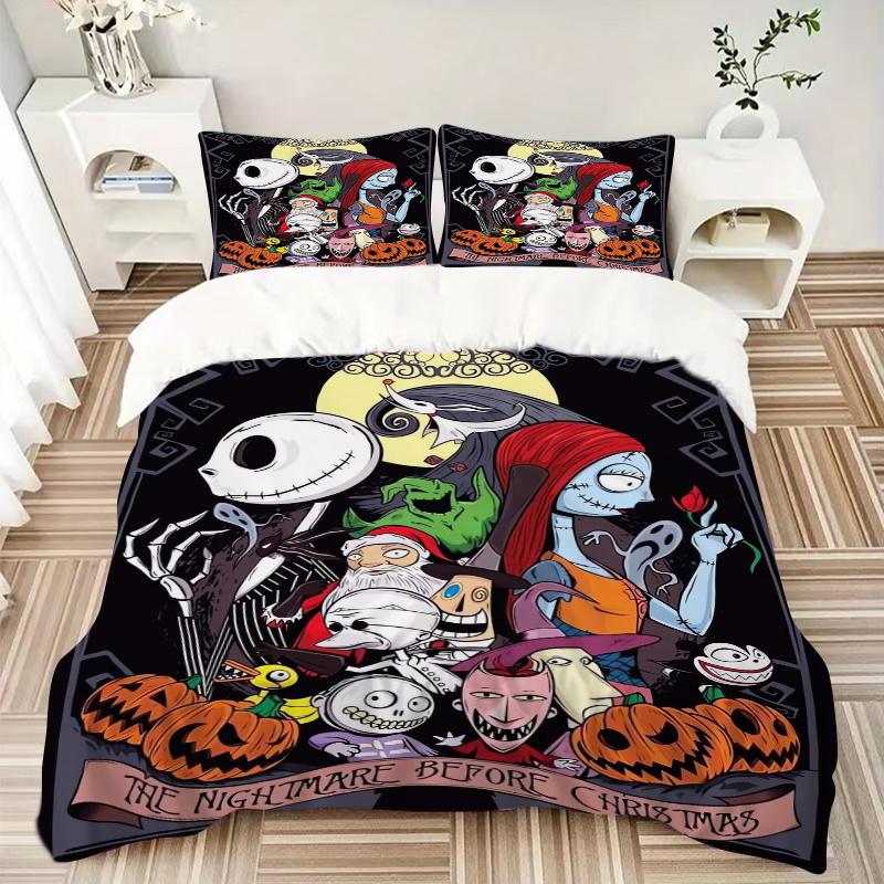 3pcs Halloween The Nightmare Before Christmas Bedding Set, 1 Soft Quilt Cover + 2 Pillowcases, Machine Washable, Suitable for All Seasons, P