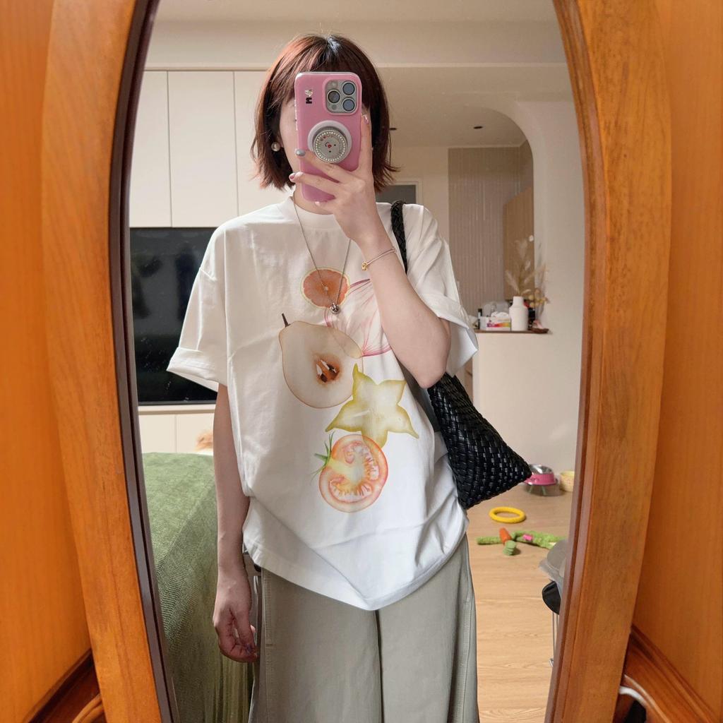 American Casual Style Fruit Print White Short-sleeve T-shirt, New Summer Loose Plus-size Versatile Top for Plus-size Plus-size Women