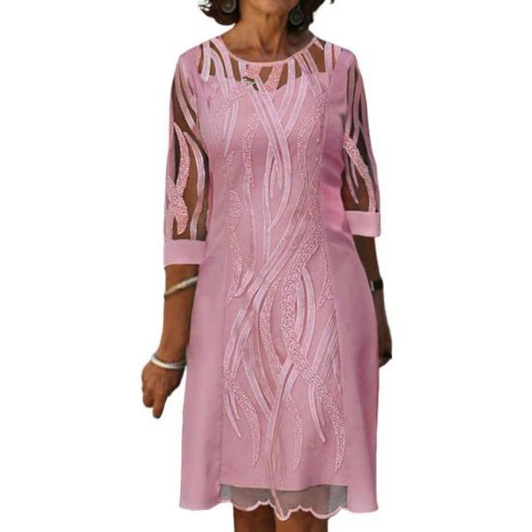Vestido de Festa da Moda 2024 Mulheres Gola Redonda Renda Emenda Midi Comprimento do Joelho Falso Duas Peças Versátil Roupa Feminina
