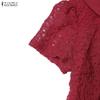 ZANZEA Women Casual Turn Down Collar Short Sleeve Patchwork Lace Dress