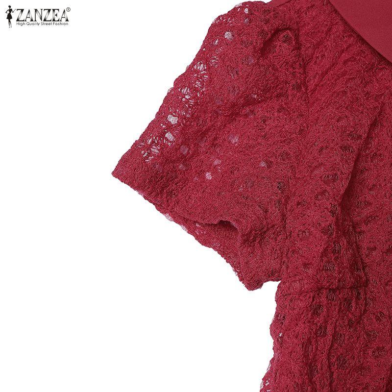 ZANZEA Women Casual Turn Down Collar Short Sleeve Patchwork Lace Dress