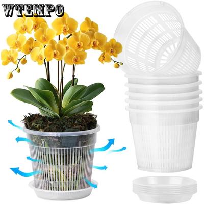 6pcs Orchid Pot Clear Orchid Pots with Holes and Saucers for Repotting Plastic Flower Plant Pot with Drainage for Plants Slotted Orchids Planter