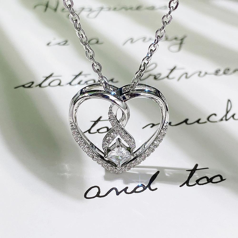 Silver Plated Infinity Heart CZ Pendant Necklace, Princess Cut Love Cable Chain Necklace for Women