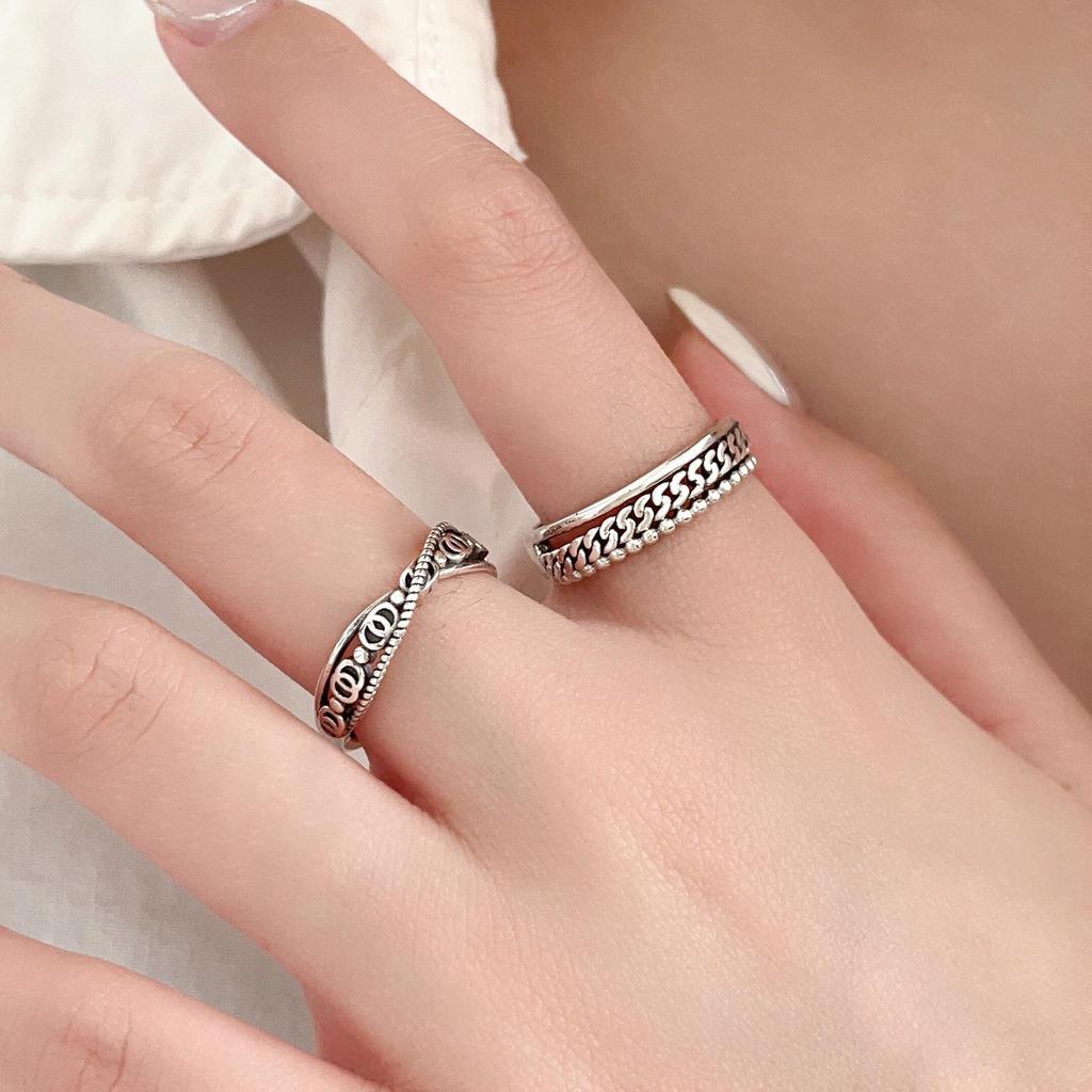 Otwarty pierścionek na palec wskazujący ze srebra próby 925 dla kobiet - Modny retro design łańcuszka