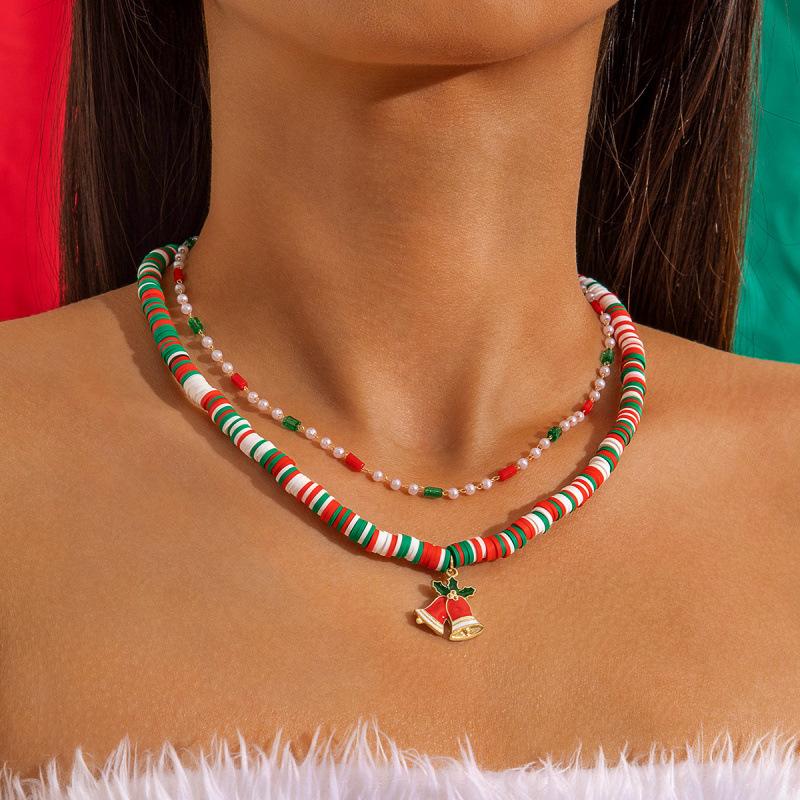 Stained Glass Beaded Santa Necklace Two-piece Set Imitation Pearl Christmas Necklace