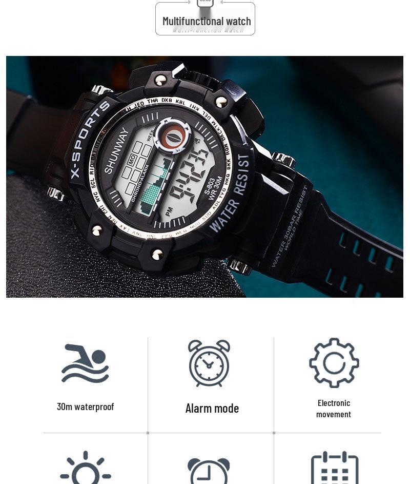 Ceas LED pentru tineret, luminos, rezistent la apă, cronograf sport multifuncțional