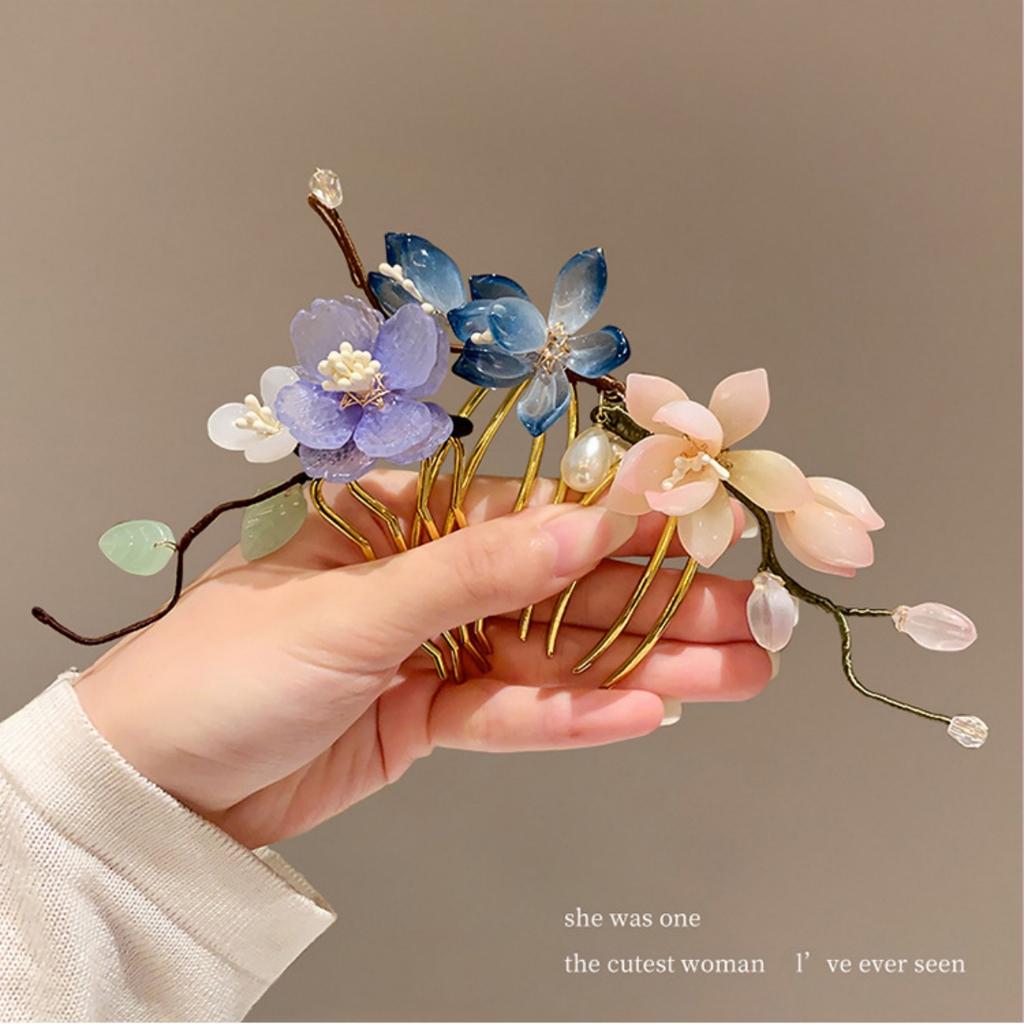 Vintage Flower Hairpin Elegant Chinese Style Glass Flower Hair Comb For Women Girls Exquisite Fairy Metal Hair Accessories 1pc