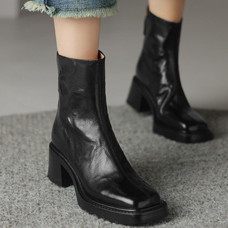 Automne Vintage Talon Épais Femmes Bottines Mode Fermetures Éclair Arrière Chaussures Dames Élégantes Bout Carré Mordern Bottines Courtes