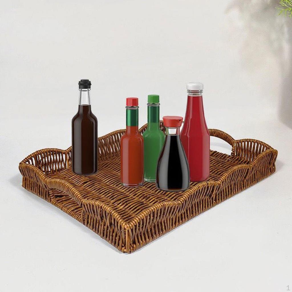 Hand Woven Imitation Rattan Serving Tray with Handles for Breakfast, Drinks, Snack Dining/Coffee