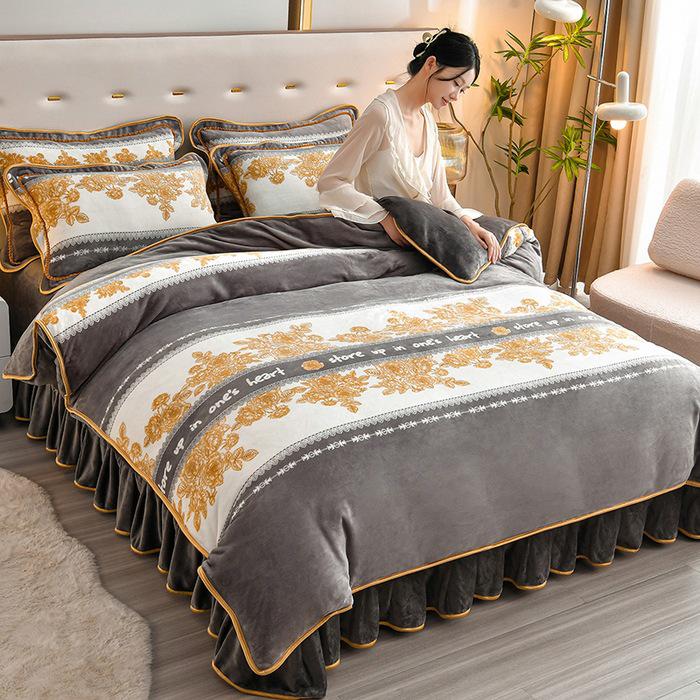 Cozy Flannel 230g Milk Velvet Printed Bed Set with Skirt - New Autumn/Winter Collection, Hot Seller