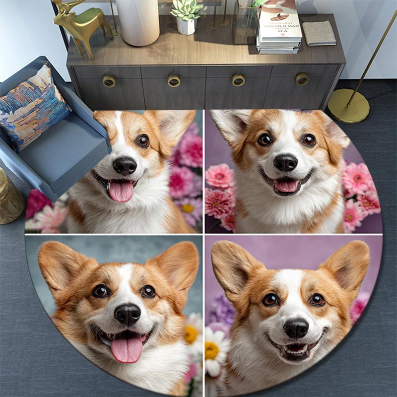 Corgi Dogs Round Area Rug,Carpet Rug for Living Room Bedroom Sofa Playroom Decor,Non-slip Floor Mat
