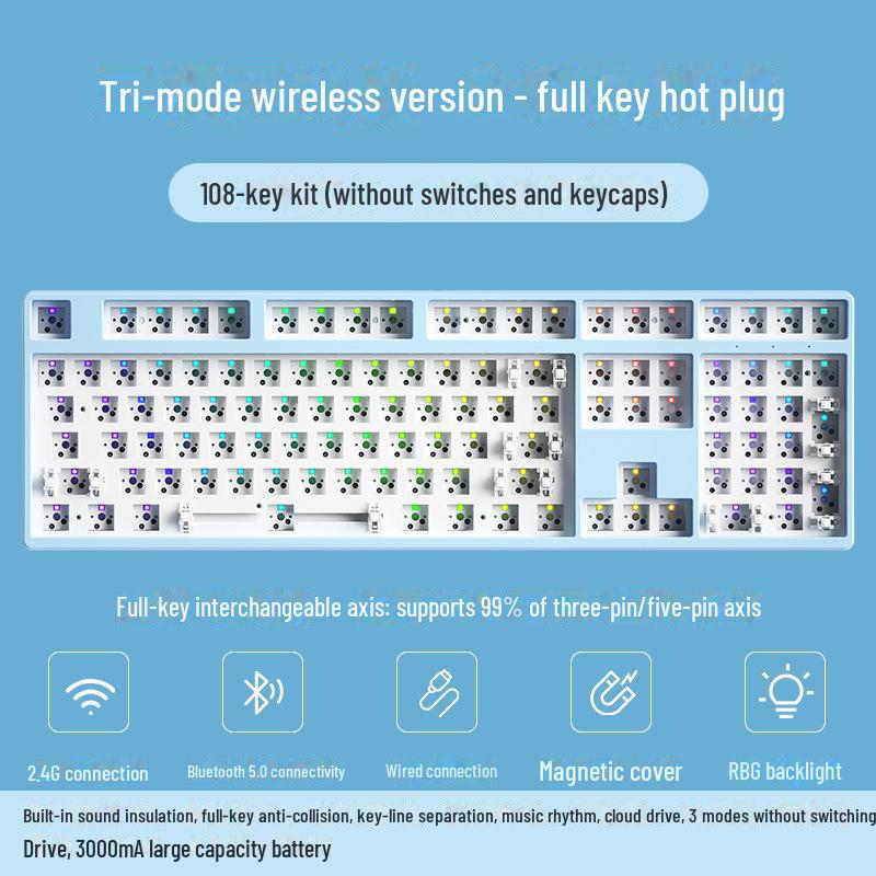 Kit de clavier mécanique sans fil Bluetooth à monter soi-même, RVB, trois modes, 84 à 108 touches