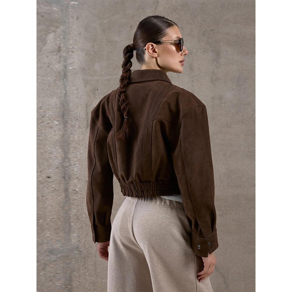 Women Faux Suede Cropped Jacket Lapel Zip Pocket Elastic Hem Loose Cargo Bomber Coat