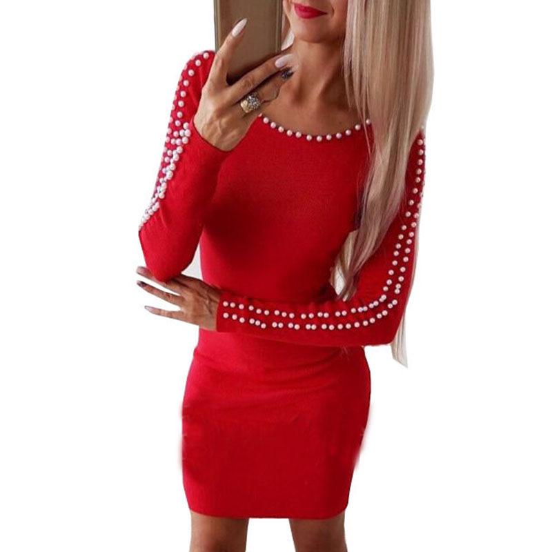 

Осенне-зимнее европейское и американское приталенное А-силуэтное платье с бисером - Длинный рукав, Сексуальная посадка L красный