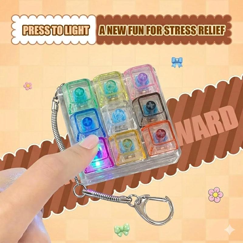 1-20Pcs Creative Transparent Stress Relief Mechanical Keyboard Tester Gift Led Fidget Keychain With 9 Buttons Keyring For Kids