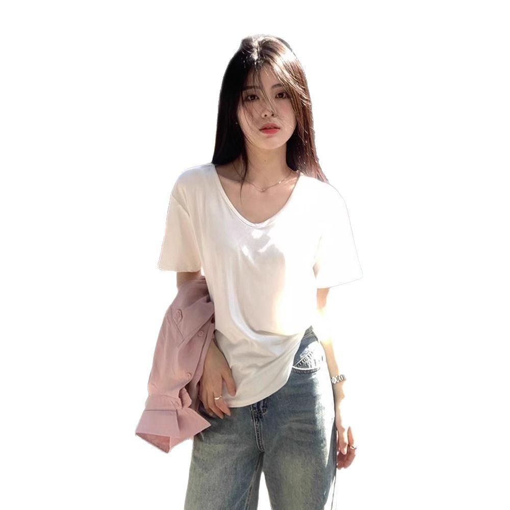 White V-neck Short-sleeved T-shirt Women's Summer New Loose Solid Color Bottoming Shirt with Spice Girl Student Top Trendy