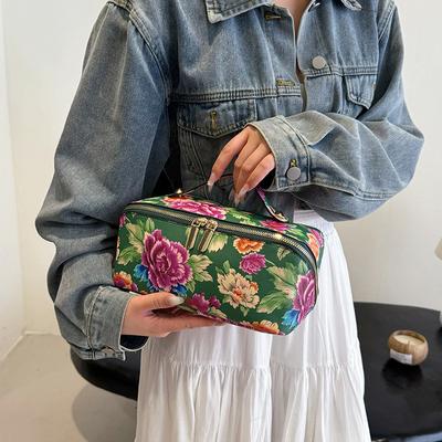 Neue chinesische Stil Große Blume Kulturtasche Tragbar für Zuhause und Geschäftsreisen Aufbewahrungstasche PU-Leder Große Kapazität Make-up-Tasche