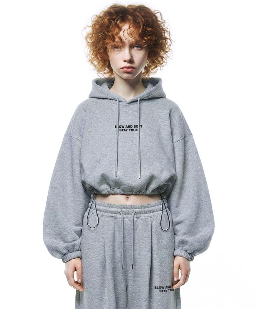 Small Slow And Soft String Oversized Crop Hoodie - Melange