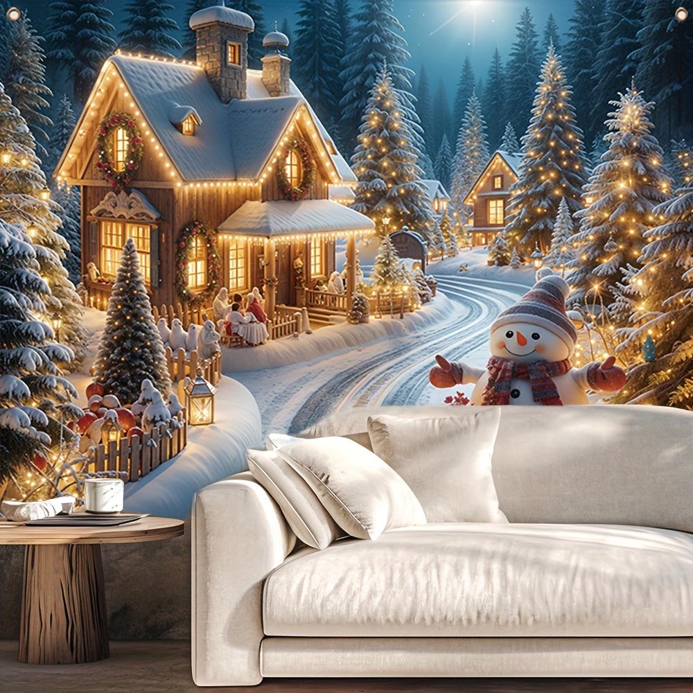 Charming December Snow Scenery with Snowmen and Gingerbread House Design Suitable for Winter Celebrations and New Year Parties