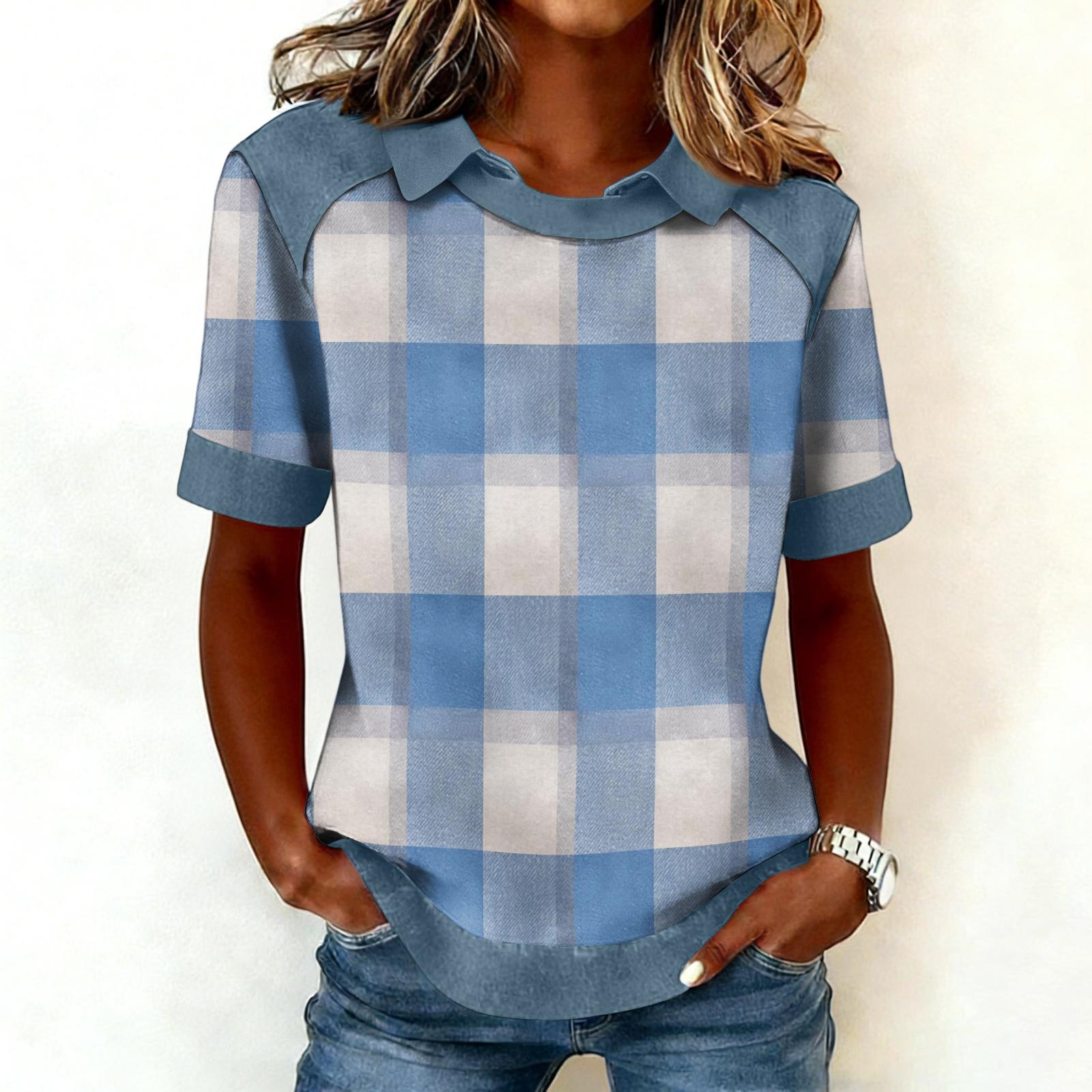 Женская модная ковбойская толстовка с воротником и вставками, повседневная толстовка с принтом, рубашка с коротким рукавом, топ XXXL синий