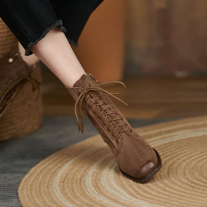 Fashion HOT SALES Fall Shoes Zipper Genuine Leather Boots Women Retro Lace Ankle Boots for Women Plus Size 42 Fashion Winter Boots Women