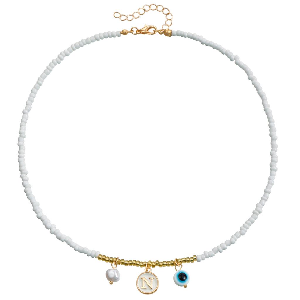 Exclusive, Bohemian White Rice Bead Beaded Necklace, Ethnic Style Alphabet Eye Pendant Necklace