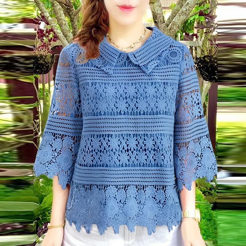 ZANZEA Womens Summer Casual 3/4 Sleeve Patchwork Embroidered Lace Blouse