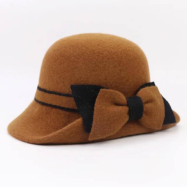 

Женский головной убор для торжественных мероприятий, панама, женская зимняя мода, асимметричная лента, бант, 100% шерстяной фетр светло-коричневого