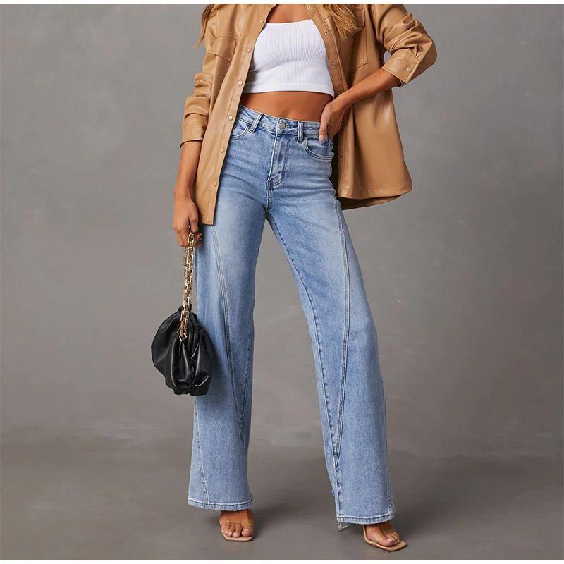 2026 Spring Summer Loose Slim-Fitting Patchwork Wide Leg Women's Jeans Solid Color Denim Pants Trousers Office Lady Jean