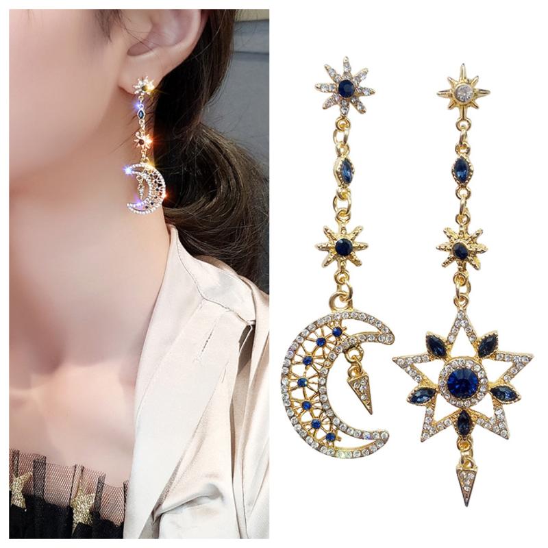 Elegant Asymmetric Star Moon Earrings Long Statement Tassel Sparkling Personalized Earrings Jewelry