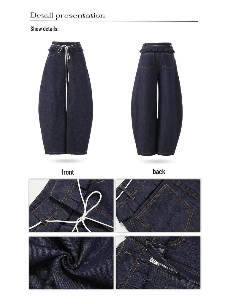 Women's Spliced Double Waistband Curved Leg Jeans - American Design, Loose Fit, Slimming, Wide Leg, for Spring & Autumn 2025