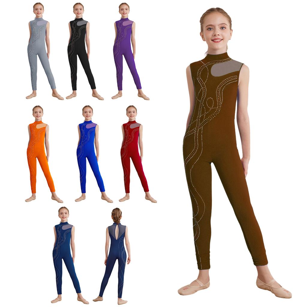Girls Dance Bodysuit Sparkly Rhinestones Sheer Mesh Patchwork Full Body Performance Wear