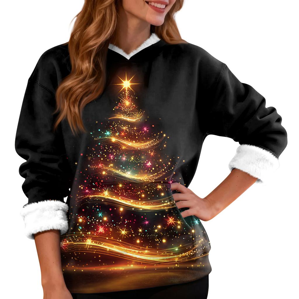 Women's Casual Fashion Plus Velvet Thickened Christmas Print Hooded Sweatshirt