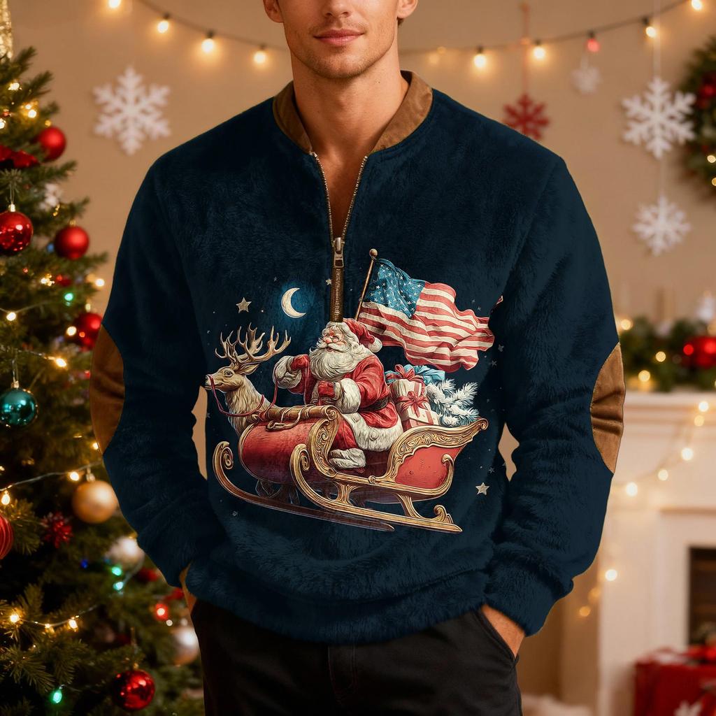 Mens Christmas Sweater Zip Up Sweatshirts Vintage Knit Graphic Sweatshirt Xmas Stand Collar Pullover