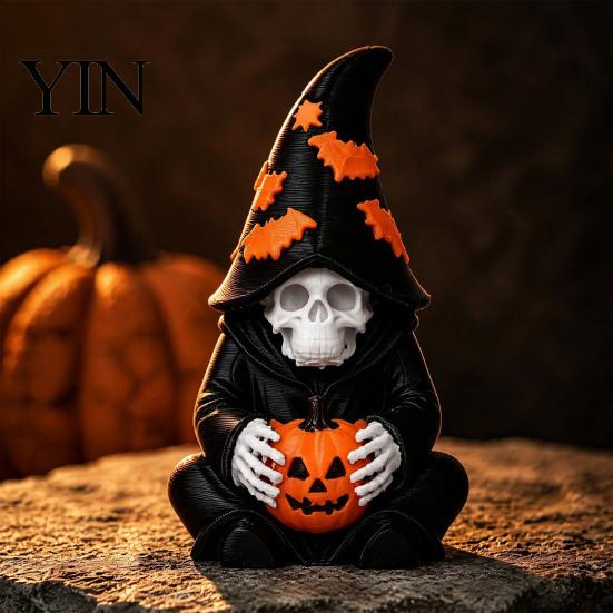Atmospheric Entrance Decorations Halloween Skeleton Wizard Figurine, 3D Printed Gothic Statue with Mysterious Bookshelf Ornaments Pumpkin& Bat