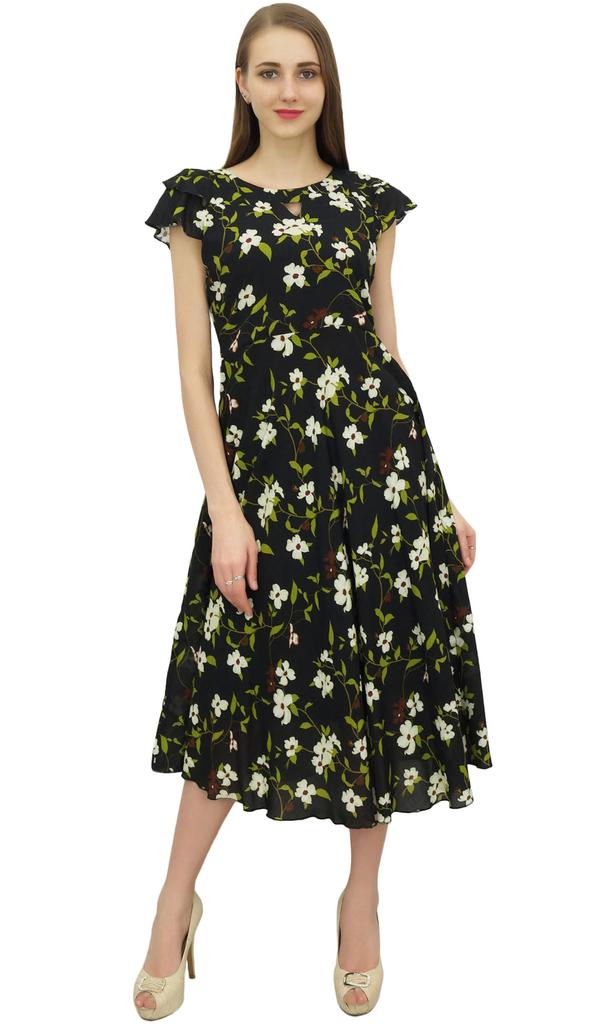 Bimba Women's Ruffly Sleeve Digital Floral Printed Black Cotton Party