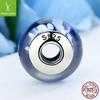 Sterling Silver 925 Blue Pattern Murano Glass Spacer Bead, Threaded, Large Hole, SCZ006