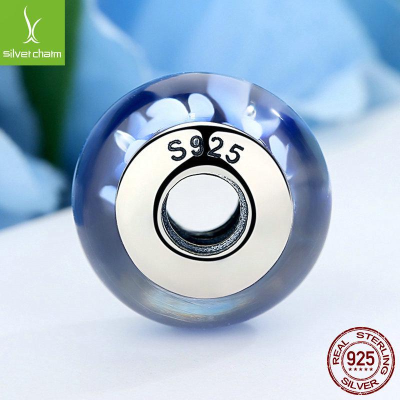 Sterling Silver 925 Blue Pattern Murano Glass Spacer Bead, Threaded, Large Hole, SCZ006