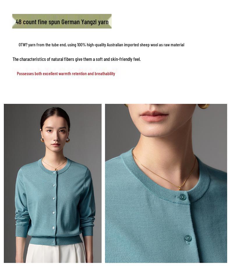 Merino Fine Spun Wool Women's Cardigan: 2026 Spring-Autumn Round Neck, Single-Breasted, Elegant Knit Sweater