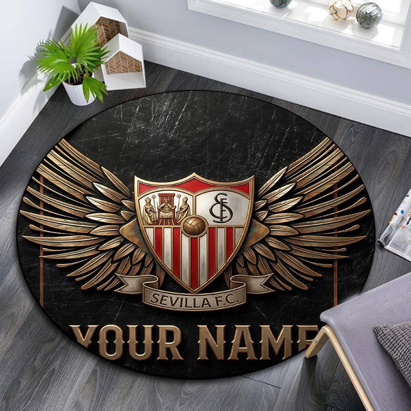 Custom Name Sevilla FC Round Area Rug,Carpet Rug for Living Room Bedroom Sofa Playroom Decor,Non-slip Floor Mat