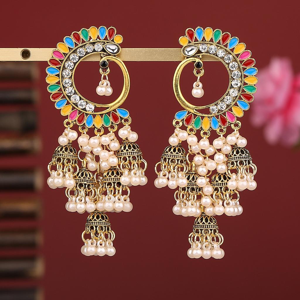 Oil Dripping Multi-color Ethnic Style Half-moon Indian Trendy Bell Ladies Earrings