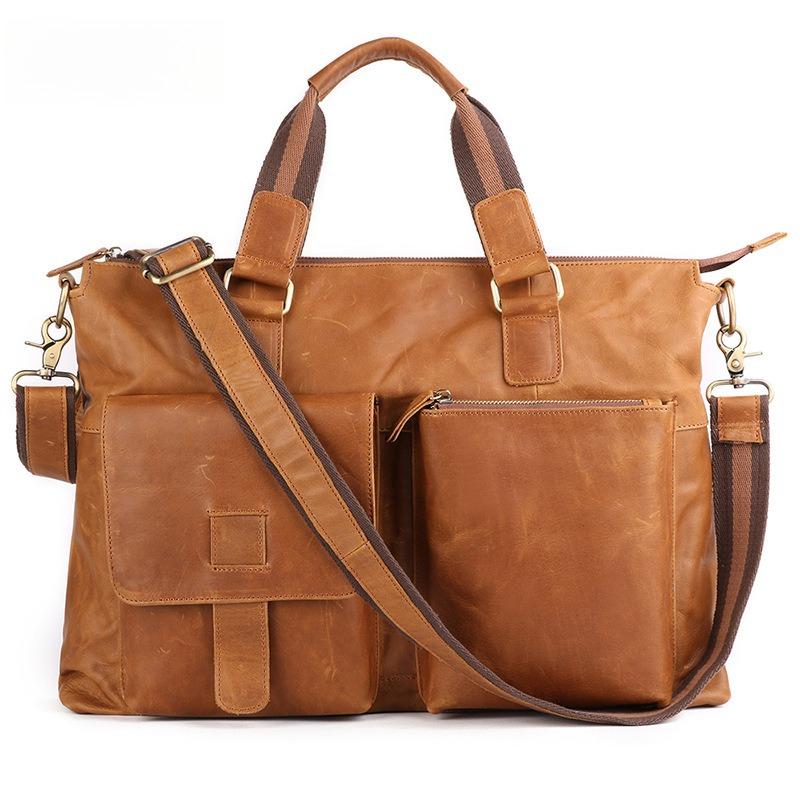 Men's Genuine Leather Business Briefcase 17-Inch Laptop Bag Horiztal Shoulder Cowhide Top Layer