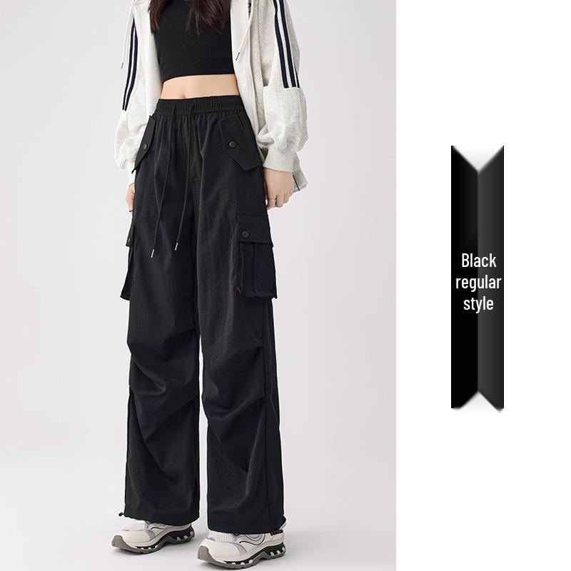 

Женские быстросохнущие брюки-парашюты с высокой посадкой: Лето 2025 Модный повседневный спортивный костюм с широкими штанинами XL чёрный