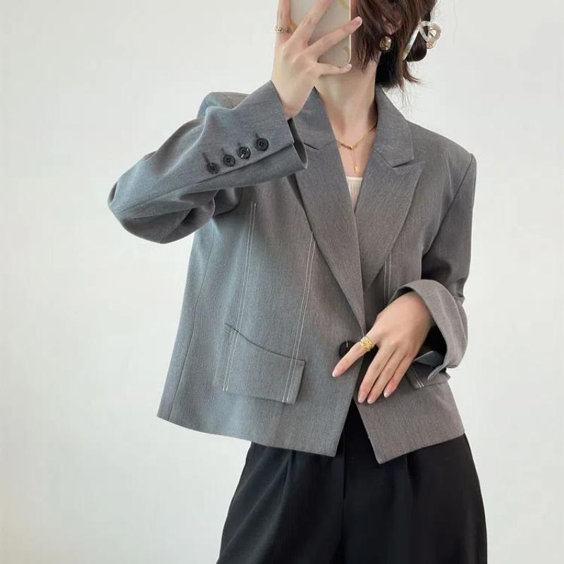 

Весна Лето Женский Новый Сплайсированный Костюмный Воротник Пуговица Карман Мода Однотонный Минималистичный Повседневный Свободный Блейзер с Длинным Рукавом S серый