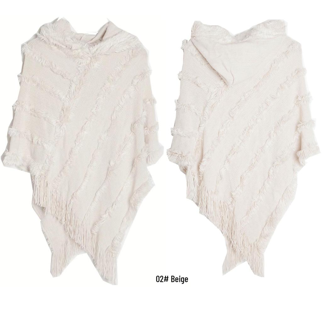 Women's Solid Color Hooded Sweater Cloak - European & American Knit Shawl for Autumn/Winter